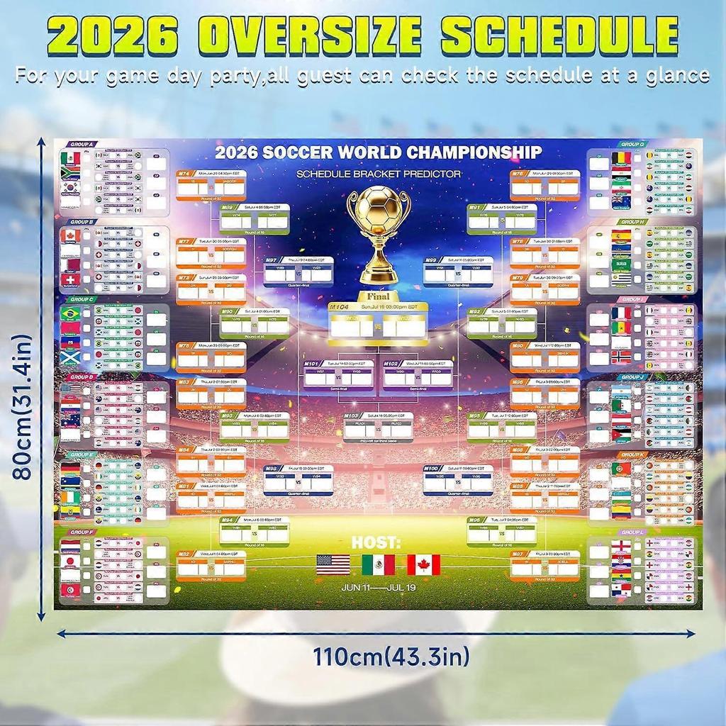 2026 World Football Tournament Extra Large Wall Chart 110 * 80cm, 2Pcs Gift Set with 64 Team Stickers and Predict Champion Cup Winner, Schedule Calend