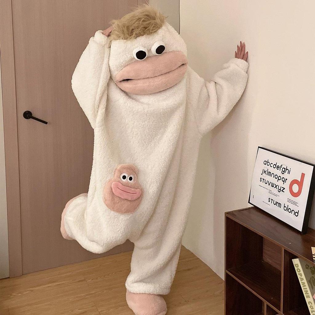 Big Mouth Cartoon Korallenfleece Pyjama - Verdickter Einteiler Winter-Schlafanzug für Damen