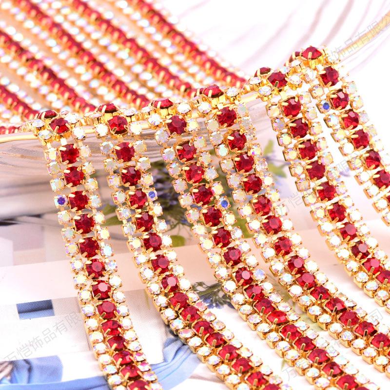 3 Rows Of Two Small And One Large Gold Bottom Claw Chain, Rhinestones, Intensive Diy Clothing Decorative Accessories