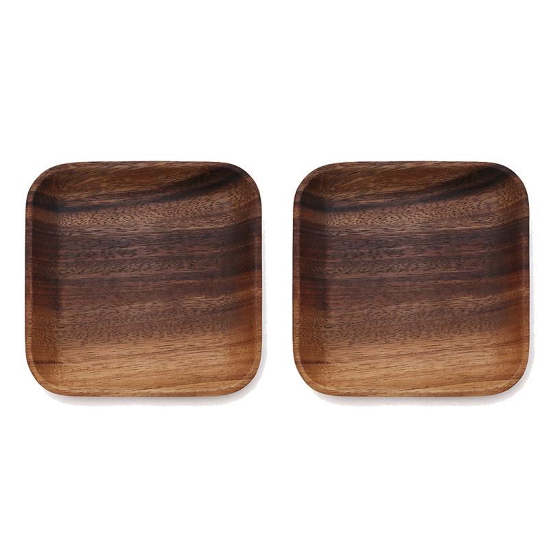 2Pcs Square Wooden Plates 6.5 Inch Acacia Wood Dinner Dish Plate Cake Dessert Plate Fruit Snack Serving Tray Kitchen Tableware