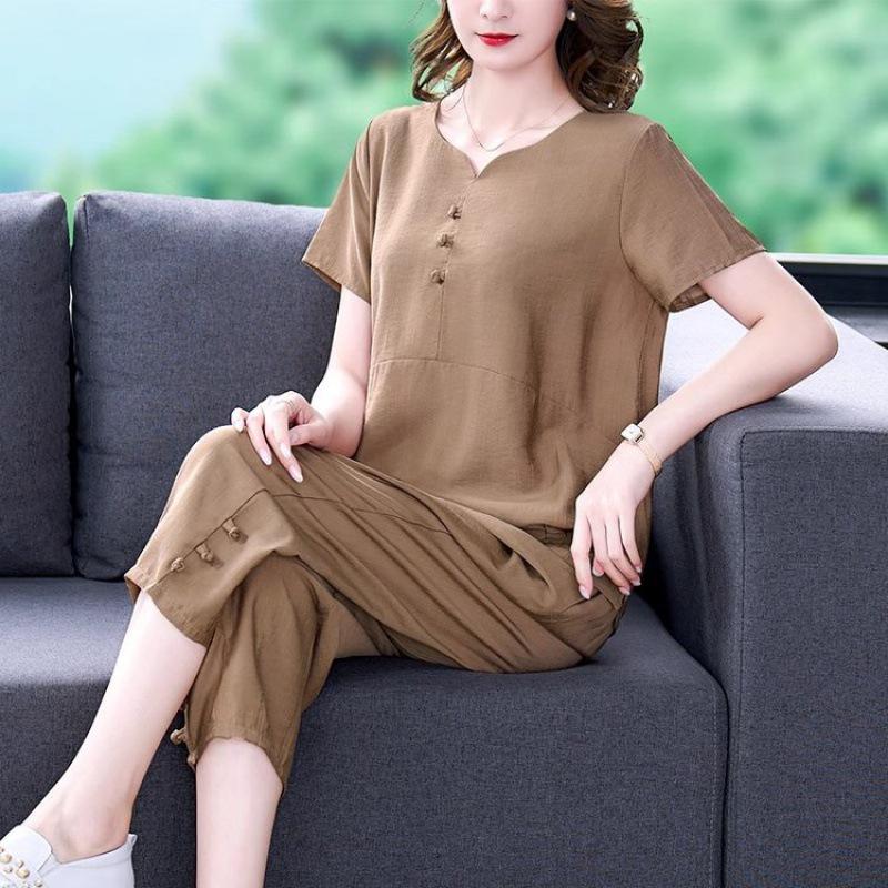 

Модный летний костюм из хлопка и льна с коротким рукавом для мамы 2024 года для молодежного образа 5XL (recommended 75-80 kg)