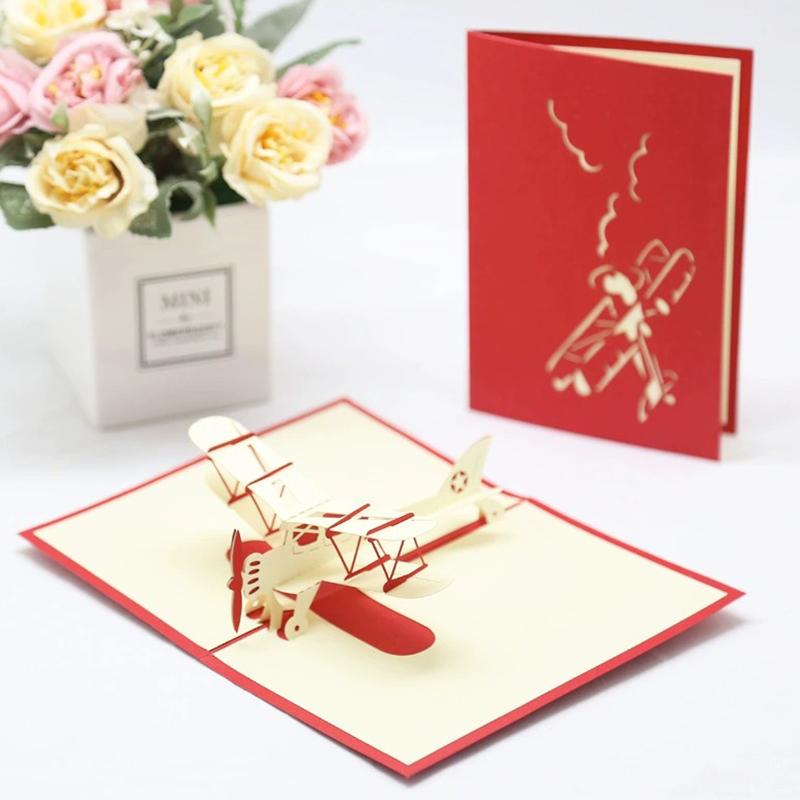 

1PC Retro Red Style 3D Paper Foldable Airplane Shape Greeting Card Christmas NewYear Birthday Invitation Gift Party Supplies ZYF