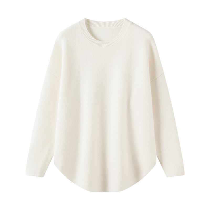 Cashmere Seven-Stitch Round Neck Loose Mid-Length Split Hem Knitted Sweater