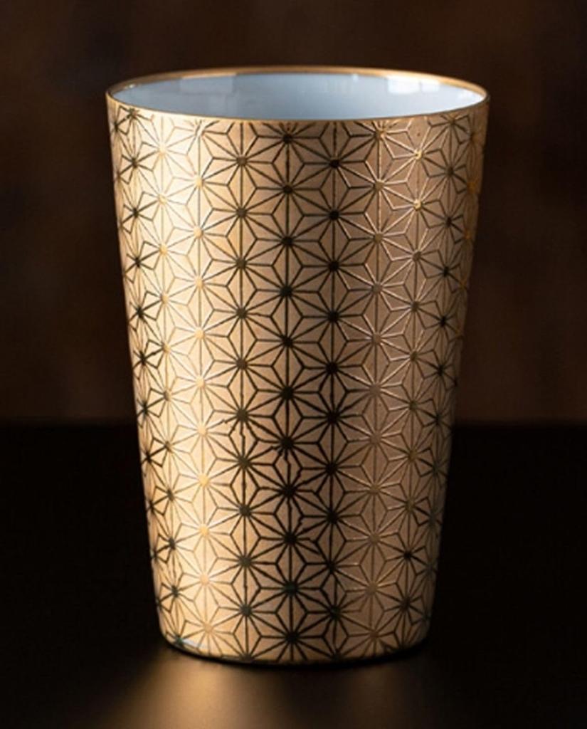 Asanoha Wooden Made in Japan J-kitchens Cup, Ultra-thin, Light-transmitting Tumbler, Gold, Pattern, Box, 370ml,