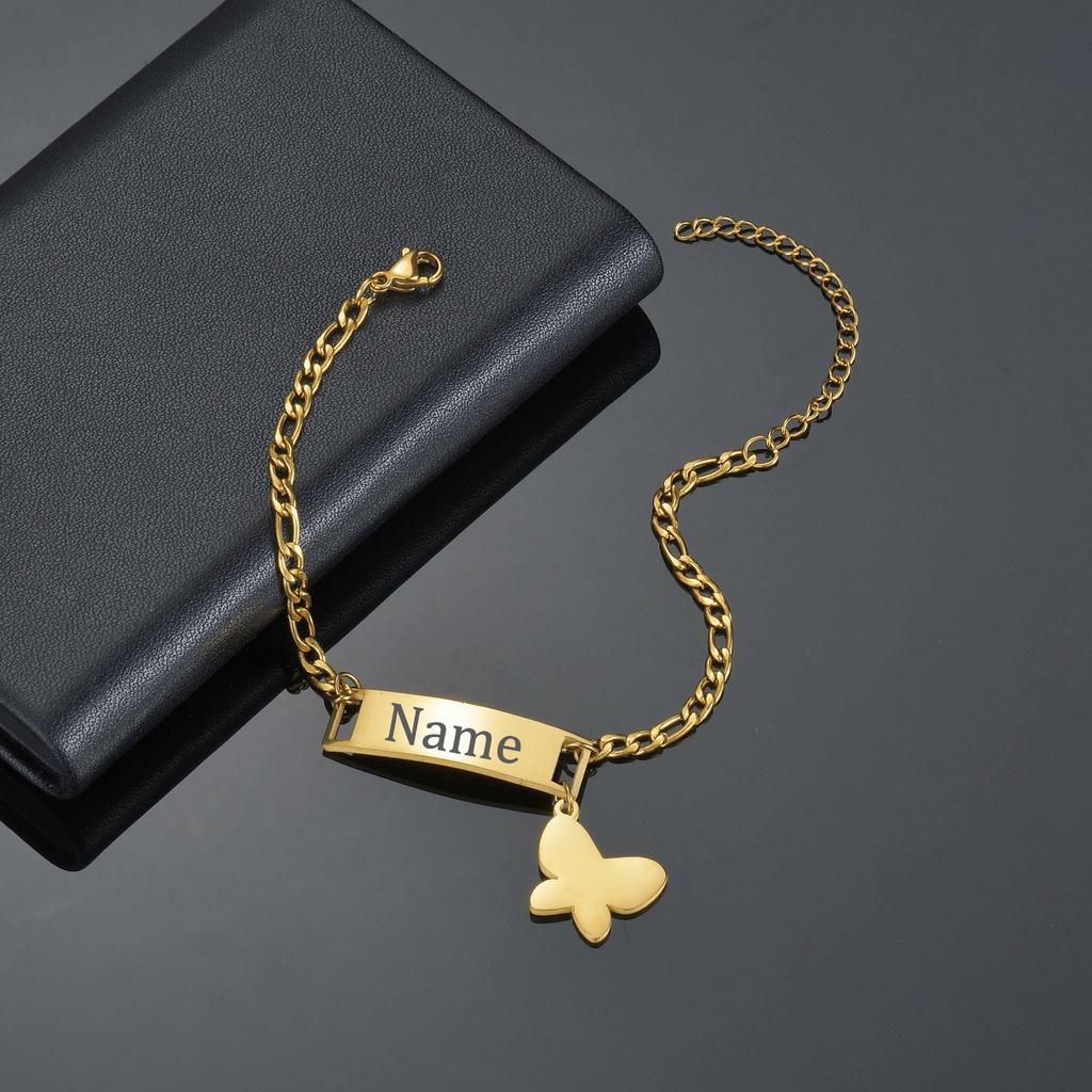 Atoztide Personalized Custom Name Bar Bracelet Stainless Steel For Men Women Engrave Letter Butterfly Figaro Chain Jewelry Gift