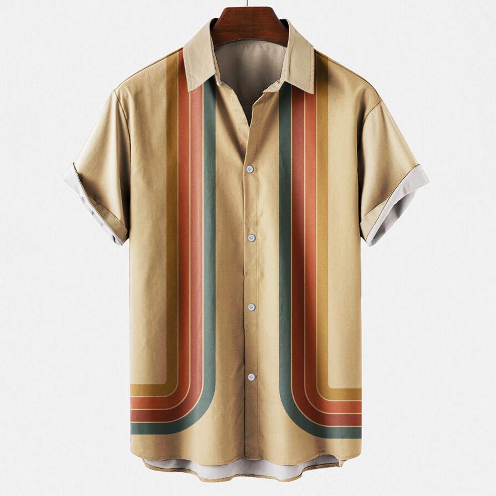 Men's Hawaiian Beach Short Sleeved Striped Shirt 3D Printed Loose Street Fun Men's Top Fashion Casual Simple Pocketless Shirt