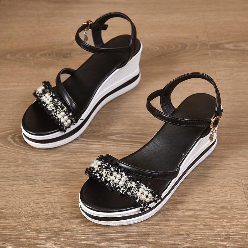 Plus Size Shoes for Women 35-42 Summer Fashion Women Peep Toe Buckle Strap Black White Platform Wedge Non-slip Sandals