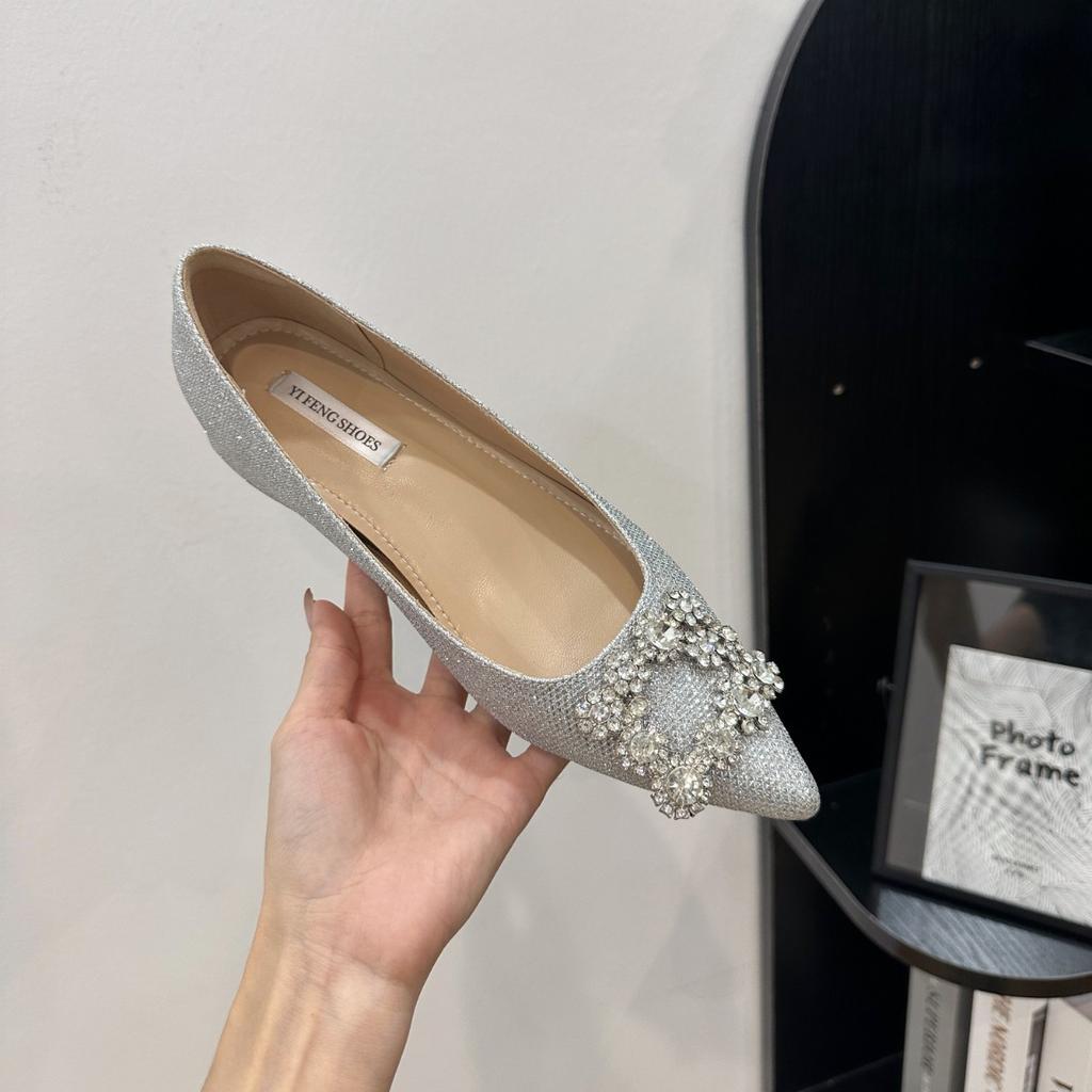 Small inner height increase women's shoes flash snowflake buckle rhinestone square buckle French single shoes flash dinner shallow mouth women's shoes