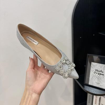 Small Inner Height Increase Women's Shoes Flash Snowflake Buckle Rhinestone Square Buckle French Single Shoes Flash Dinner Shallow Mouth Women's Shoes