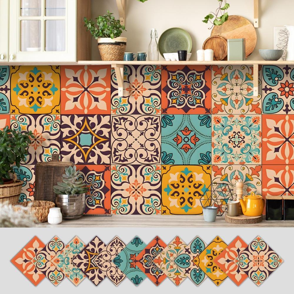 12Pcs Mandala Pattern Backsplash Tile Stickers Multicolor Design PVC Peel and Stick Tile Self-Adhesive Classic Style