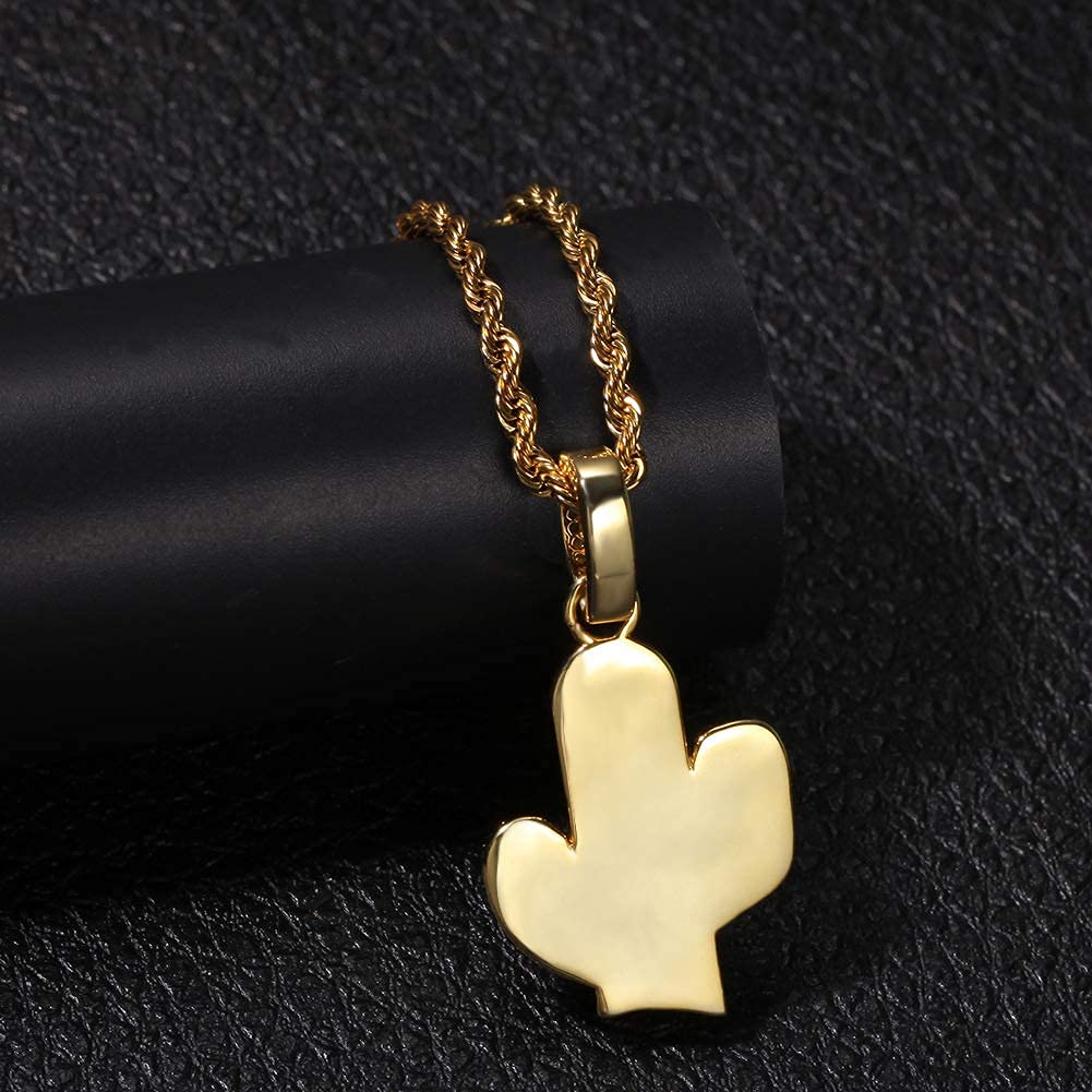 [Rockyu] Men's Necklace, Gold, AAA Zirconia, Plant/Cactus Pendant, Cool Necklace, 24-inch Stainless Steel Chain, Rock Style, European/American Style (