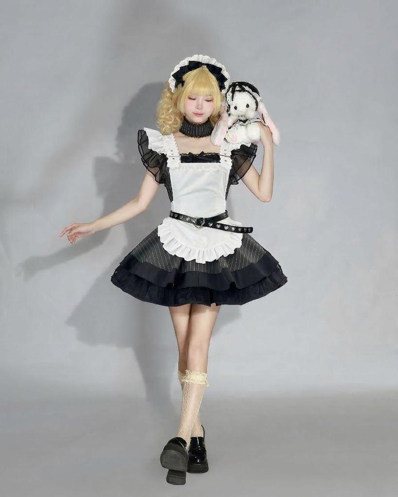 Andělská služebná lolita šaty: Roztomilé krátké šaty inspirované Japonskem se zástěrou 2dílná sada