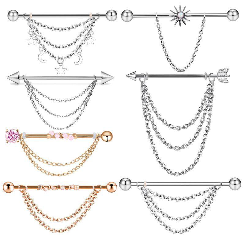 Fashion Stainless Steel Industrial Piercing Long Rod Chain Star Tragus Earrings Jewelry for Women Men