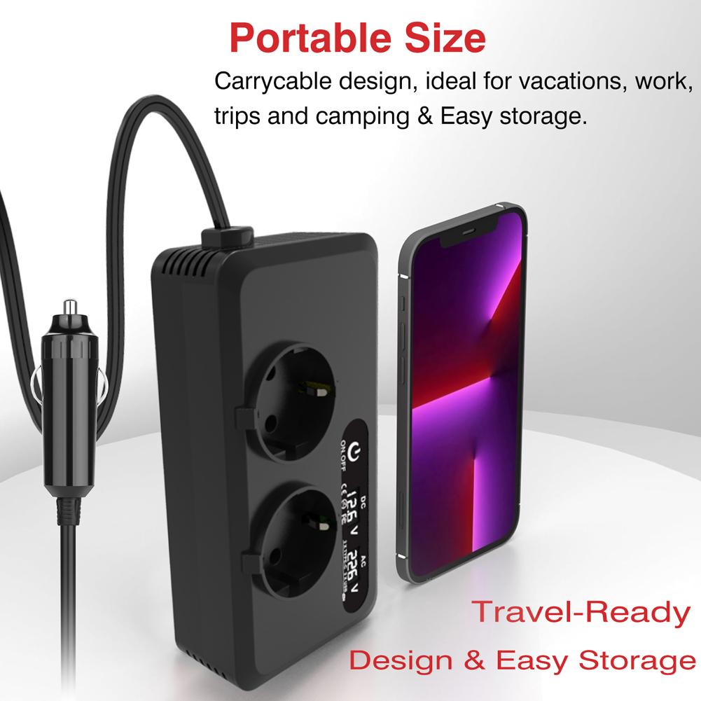 200W Car Cigarette Lighter Plug Voltage Converter DC 12V To AC 110V/220V Portable Power Converter for Vehicles Camping Road Trip