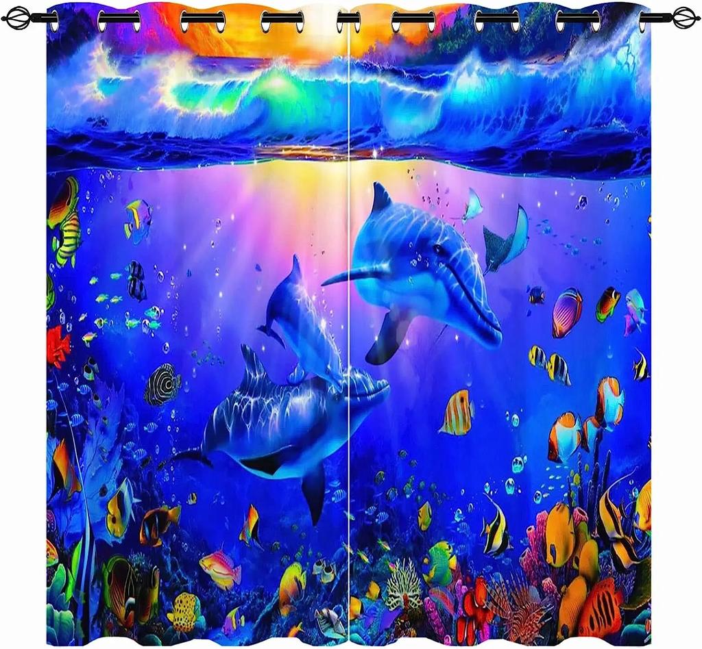 Ocean Animal Landscape Window Curtain, Coral with Nautical Map, Thin, Octopus, Living Room, Bedroom Decor