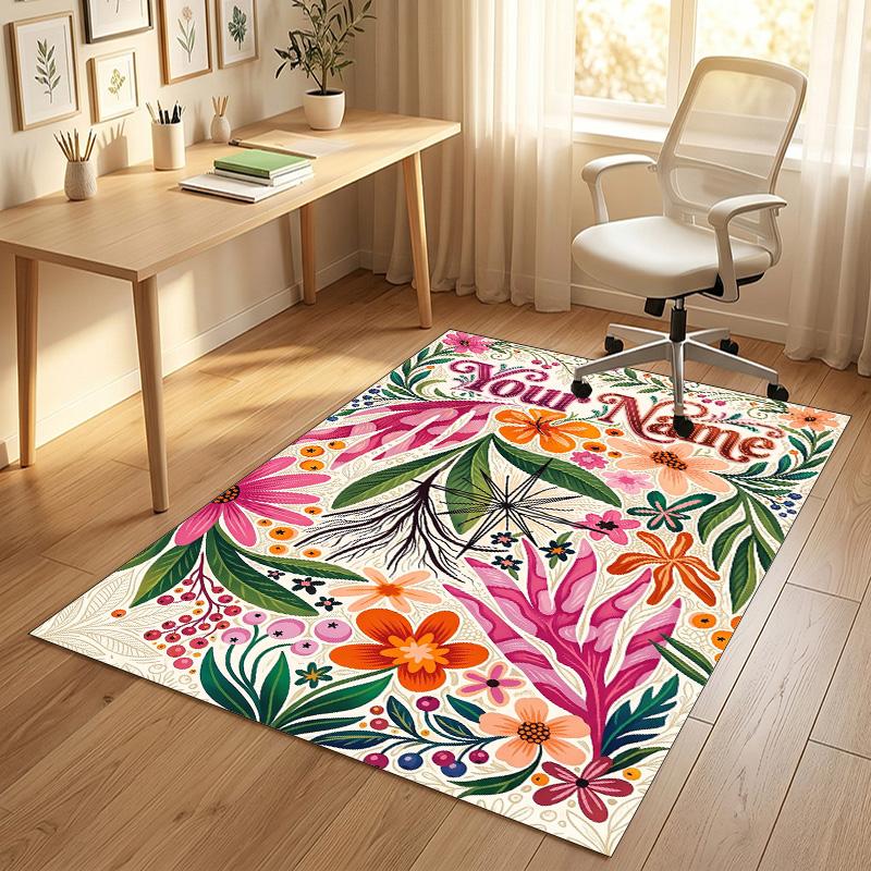 Floral Artwork Theme Soft Crystal Velvet Rug Custom Name & Text Print Non Slip Floor Rug for Bedroom Living Room