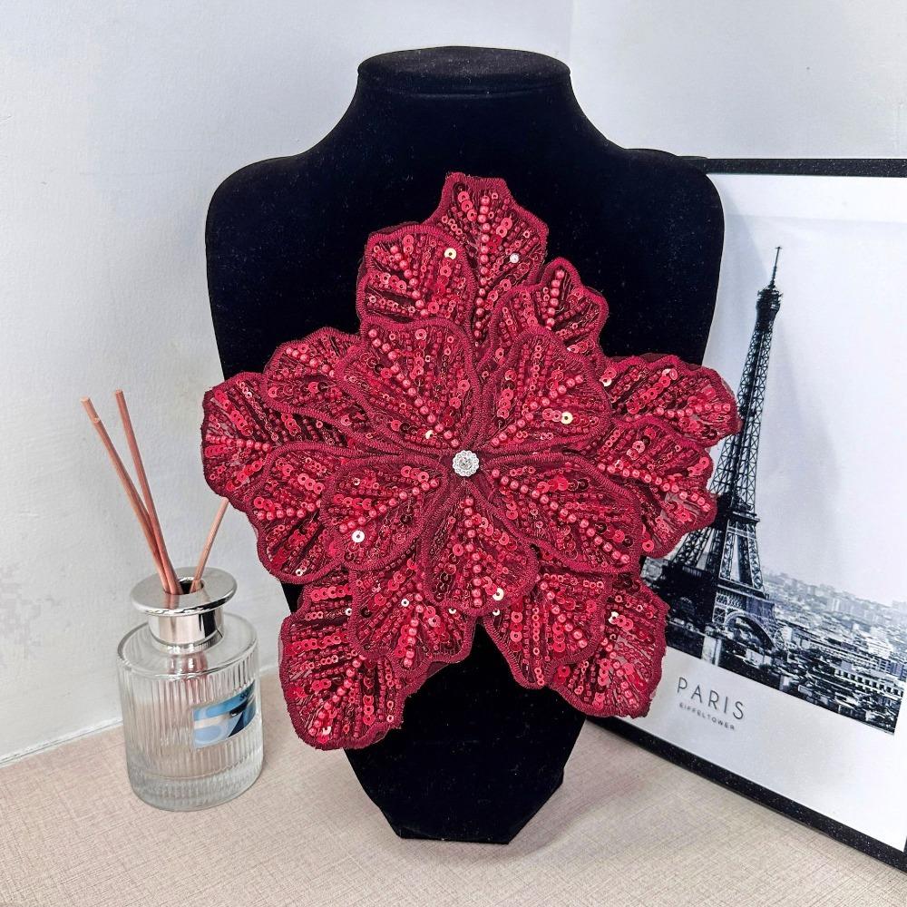 Fashion Polyester Fibre Chest Flower Embroidery Multi-layer Sequin Dress Decoration Colorful Applique Clothing Fabric Women темно-красного
