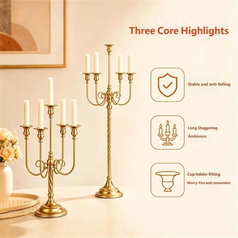 Iron Candelabra Tapers Candle Holders Candlestick Centerpieces with Five Candle Positions, a Golden Finish, and Formal Dinner or Ceremony Table