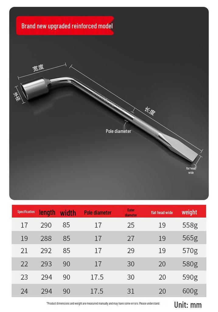 L-Shaped Tire Wrench and Pry Bar Tool Set for Easy Tire Changes (17/19/21/22/24mm).