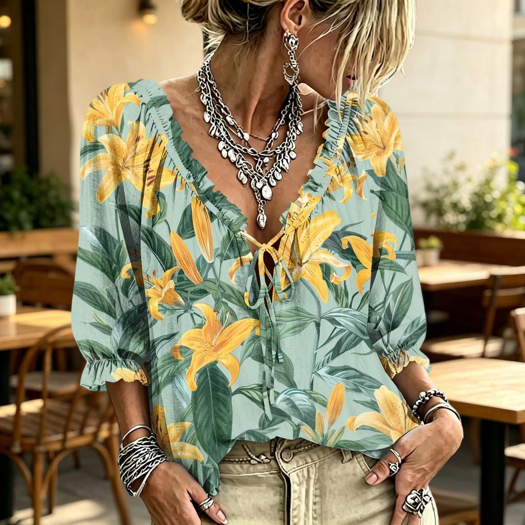 Women's Casual V-Neck Printed Tie Ruffle Blouse for Everyday Wear