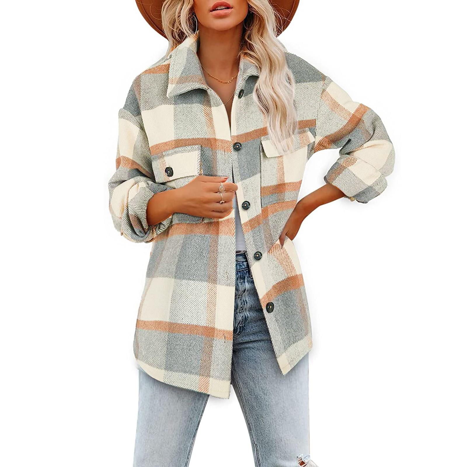 

Женские клетчатые рубашки с начесом, фланелевая куртка с длинными рукавами и лацканами на пуговицах и карманами, пальто M хаки