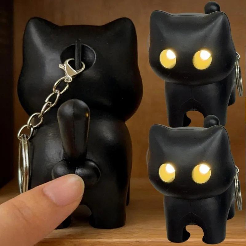 Funny Creative Cute Cats Japanese Cartoon Led Eyes Glowing Black Cat Keyring Night Light Emitting Sound Keychain Bag Accessories