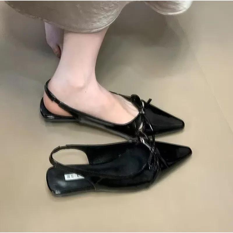 Versatile Womens Sandals with Anti Slip Slim Heel Close Toes Elastic Band Bow 2025 Summer Outdoor PU Black/White Fashion Sandals
