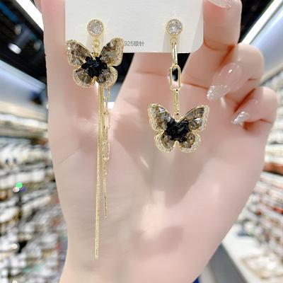 Advanced Design Asymmetrical Butterfly Tassel Earrings with Temperament and Personality AB Style Earrings and Earrings