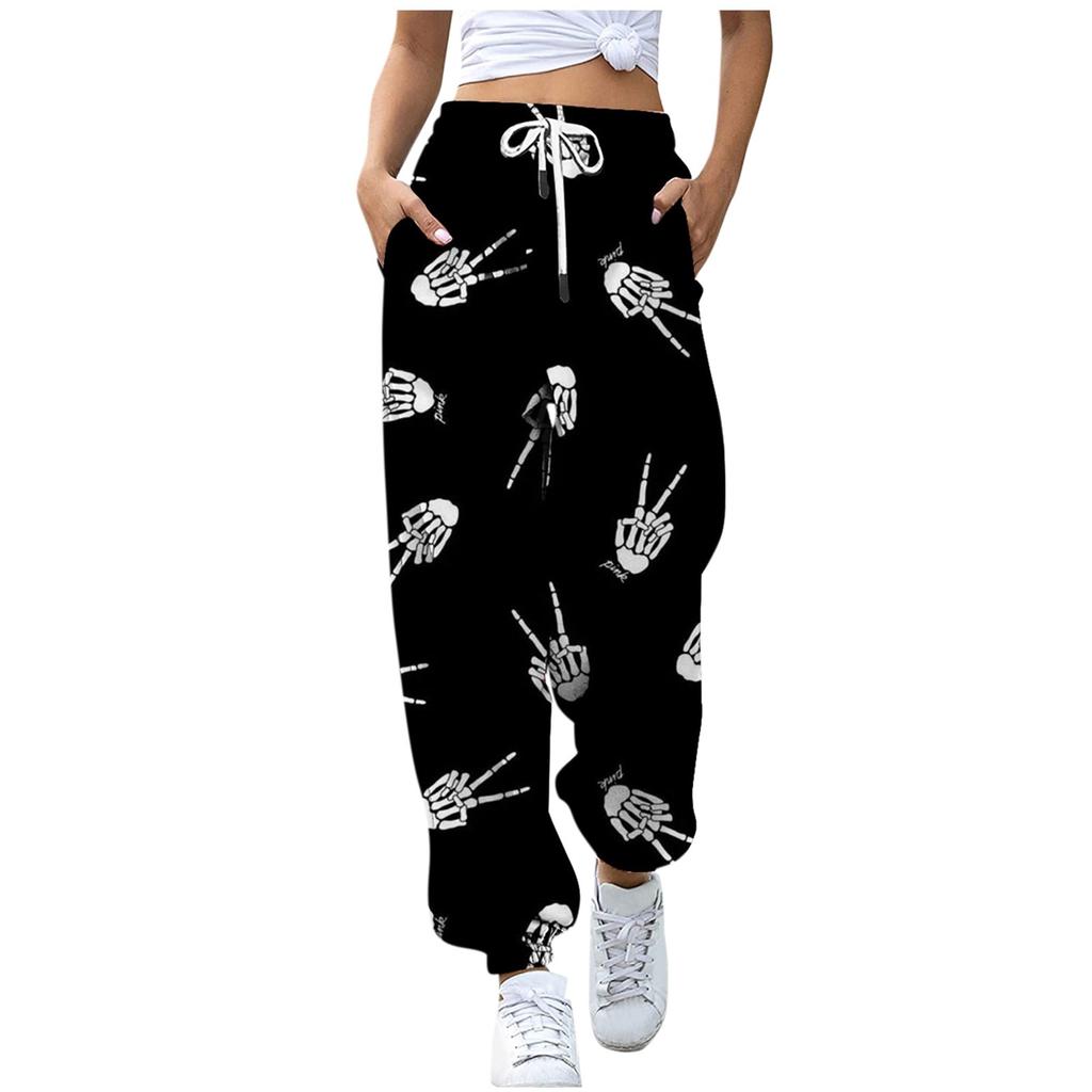 Uformelle bukser med halloweentrykk for kvinner Snøring Elastisk midje Snøringsbukser med lommer