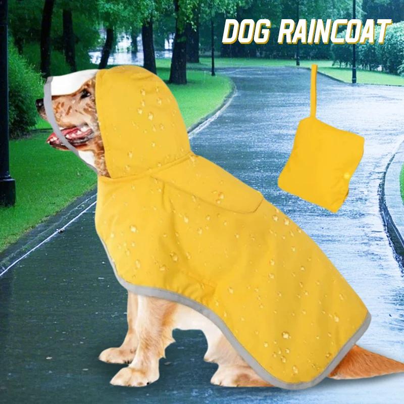 Adjustable Double Layer Waterproof Dog Raincoat Cape Style with Transparent Hood & Reflective Pockets for Large Dogs