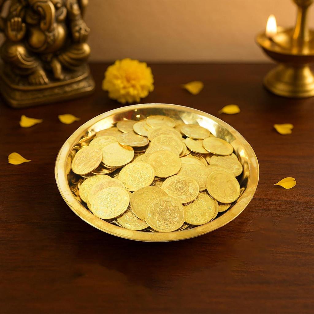 Brass Plate with 11 Kuber Coins for Pooja|Puja Lakshmi Kubera Coin Set for Wealth|Prosperity & Vastu|Bobby Plate with 11 Coins
