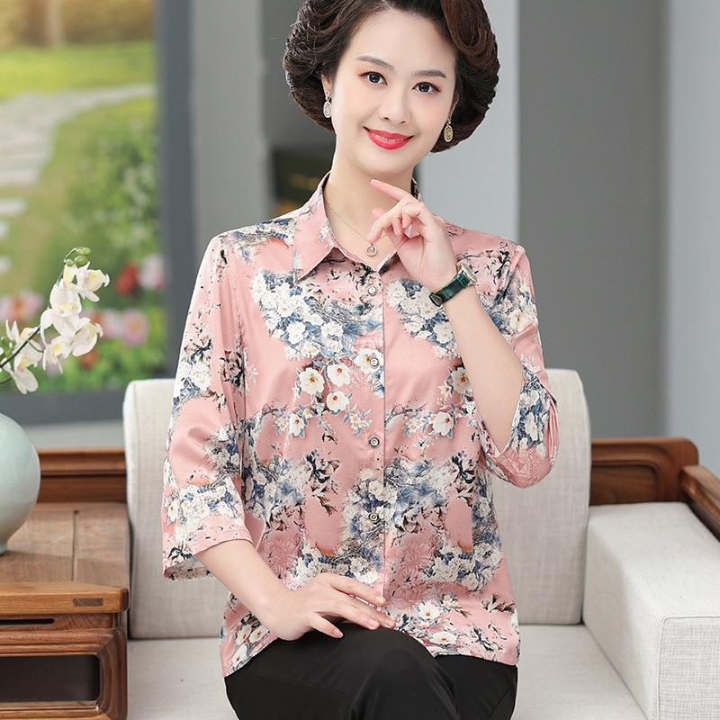 

Mother s Day Summer Silk Blouse: Mid-Sleeve to Short-Sleeve for Middle-Aged & Elderly Women 4XL (Recommended 135-150 lbs) рожевий