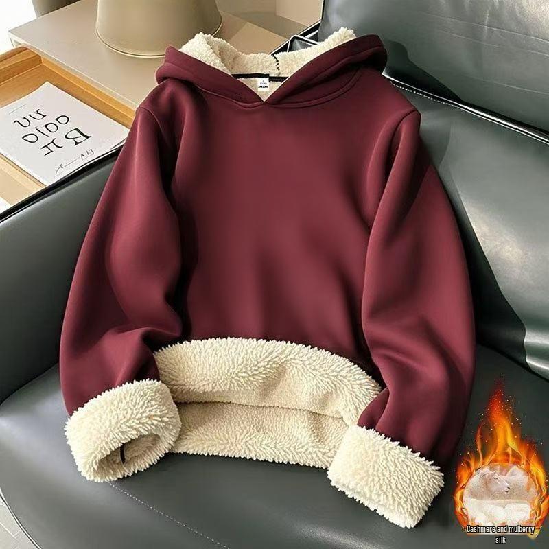 Men's Velvet-Lined Lambswool Hoodie - Loose Fit, Solid Color, Warm Winter Jacket