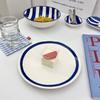 Korean Ins Retro Blue Line Ceramic Bowl Set,One Person Soup Plate Rice Bowl Home Accessories Bowls/Plates/Trays