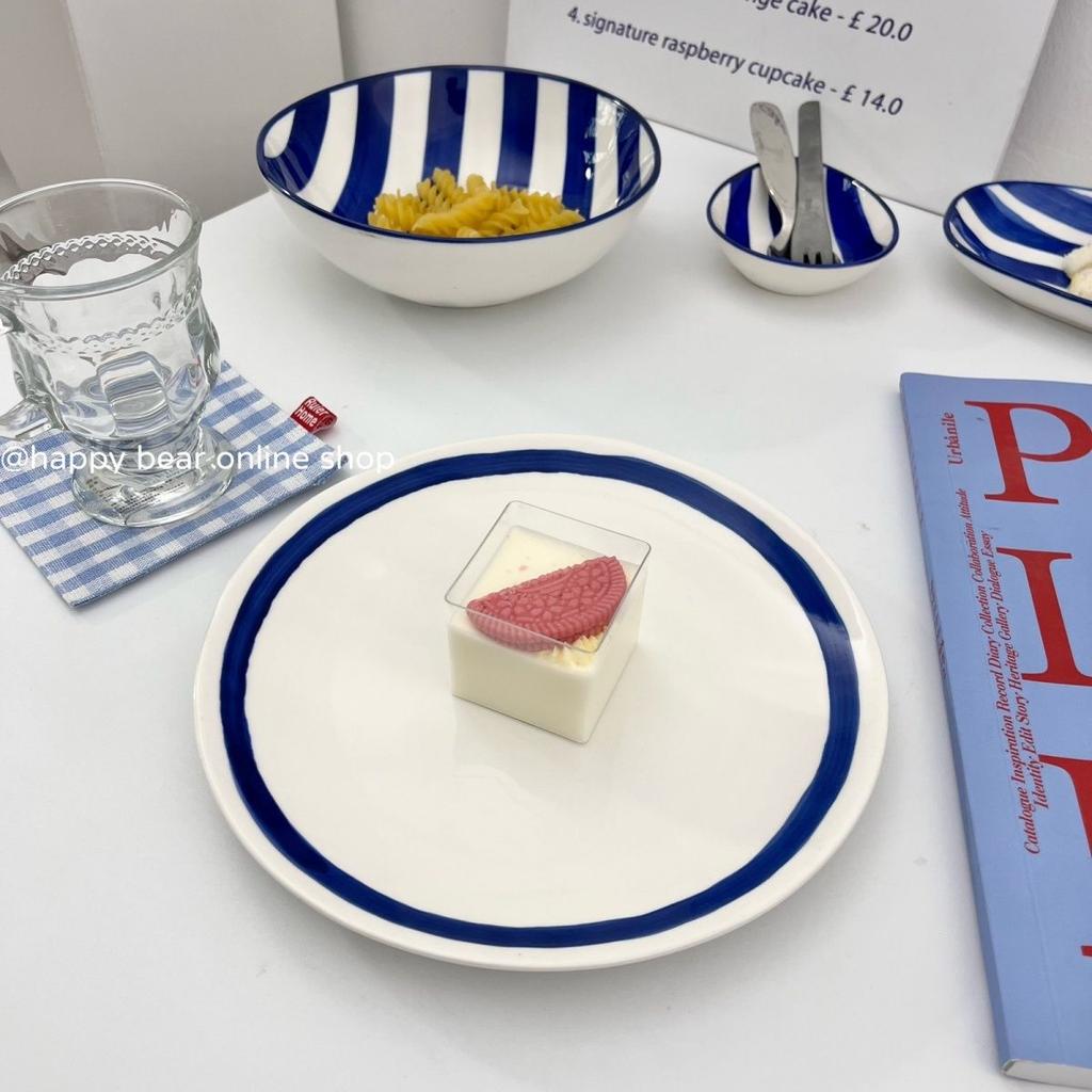 Korean Ins Retro Blue Line Ceramic Bowl Set,One Person Soup Plate Rice Bowl Home Accessories Bowls/Plates/Trays