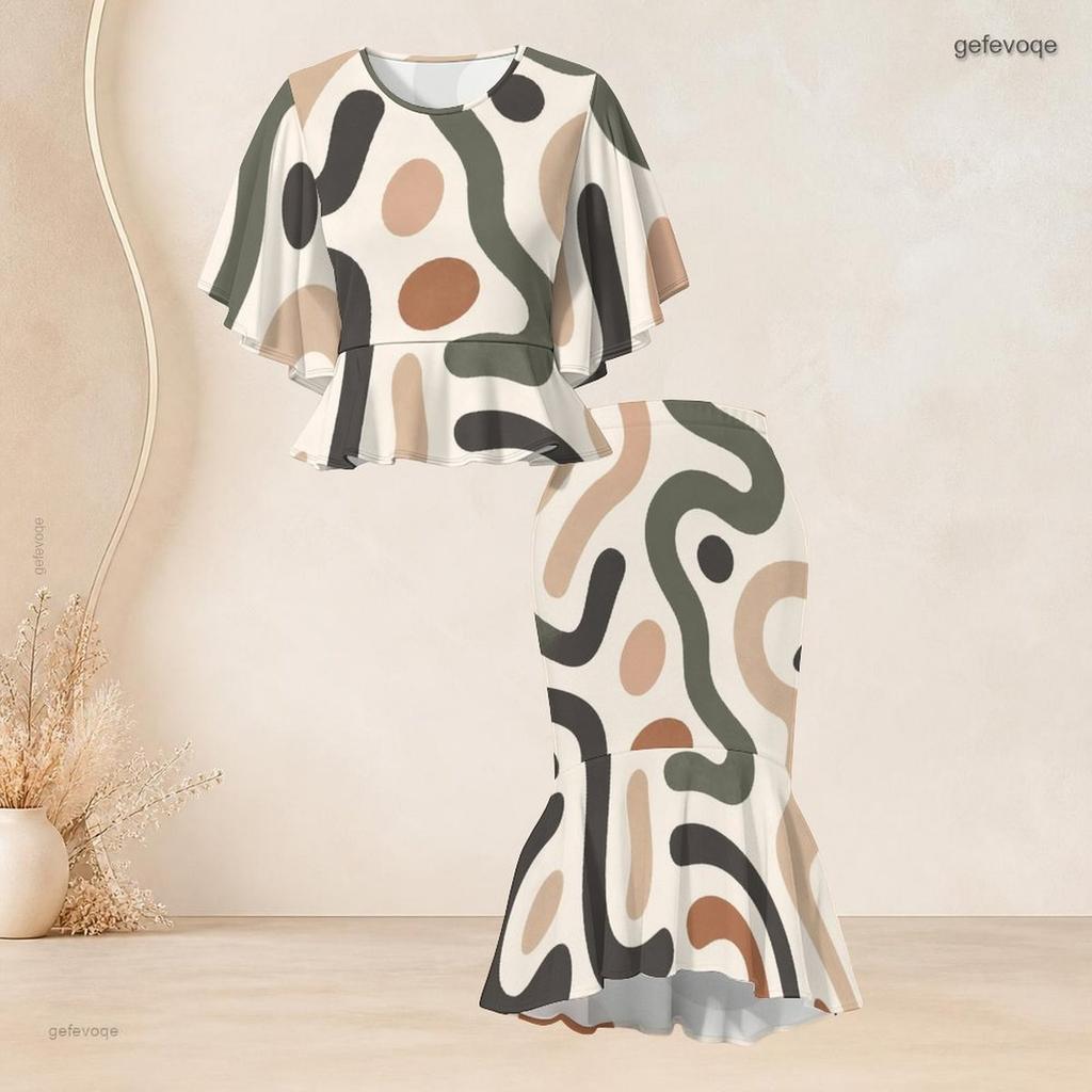 Women Plus Size Printed Round Neck Batwing Sleeve Ruffle Hem Top Fishtail Skirt Two Piece Set
