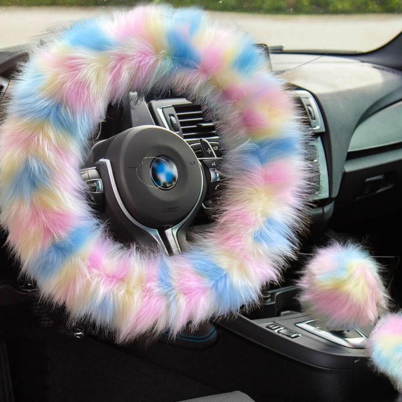 Fuzzy Steering Wheel Cover, Cute Fluffy Steering Wheel Cover With Rainbow Furry Handbrake & Gear Shift Cover Fur Decor