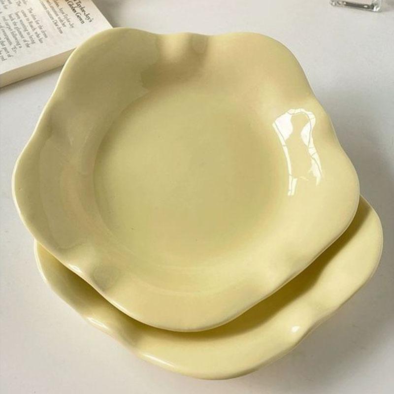 Farfurii de încărcare din ceramică coreeană Ins Farfurii galbene drăguțe pentru cină Kawaii Ou flori Farfurie pentru desert Bucătărie Cafe Dantela Pâine Vase cadou