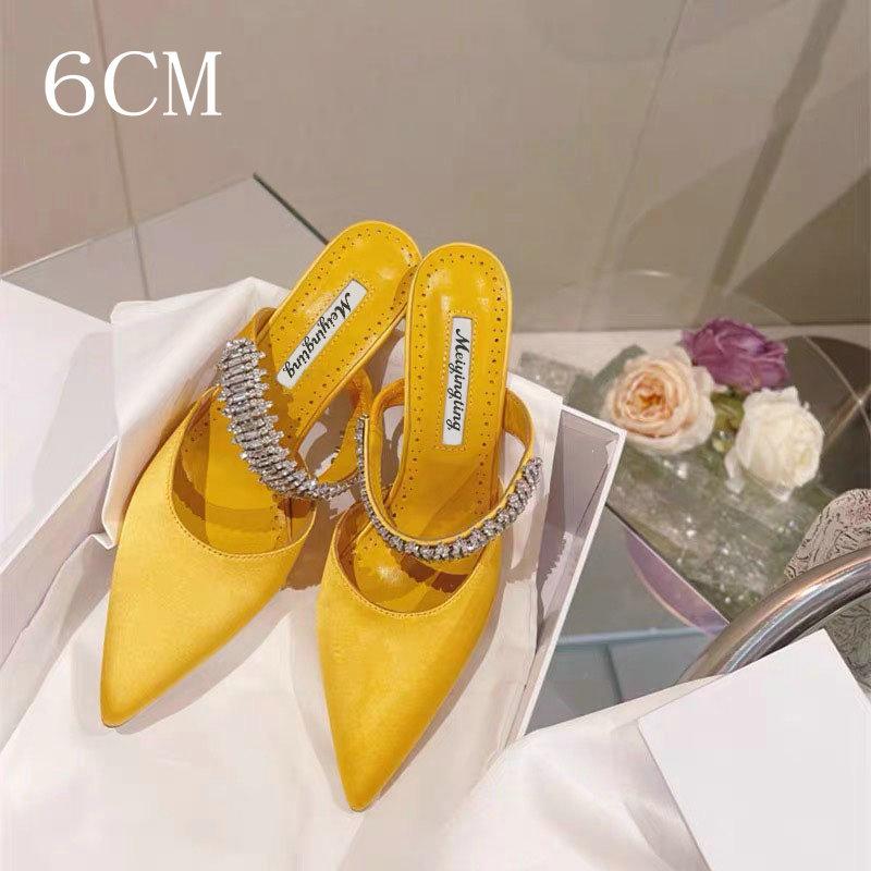 Pointy Pinheel Rhine-Diamond Chain Satin Top High Heels Mullers Pinheel Green Wedding Shoes Flat Bridesmaid Shoes