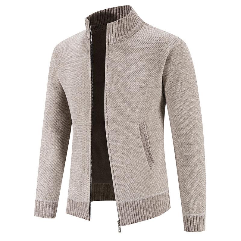 Casual Long-sleeved Knitted Jacket Autumn and Winter Plush Sweater Cardigan Men's Stand-up Collar