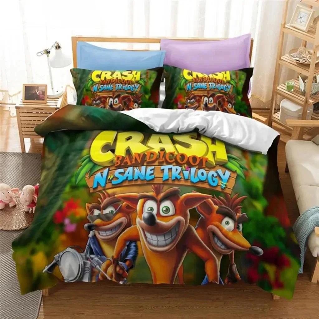 Luxuriöses neues 3D-Druck-Bettwäscheset mit Crash Bandicoot-Spielmotiven für Jungen und Mädchen, Einzel- und Doppelbett, Kissenbezüge, Kinder- und Erwachsenenmode, Heimtextilien