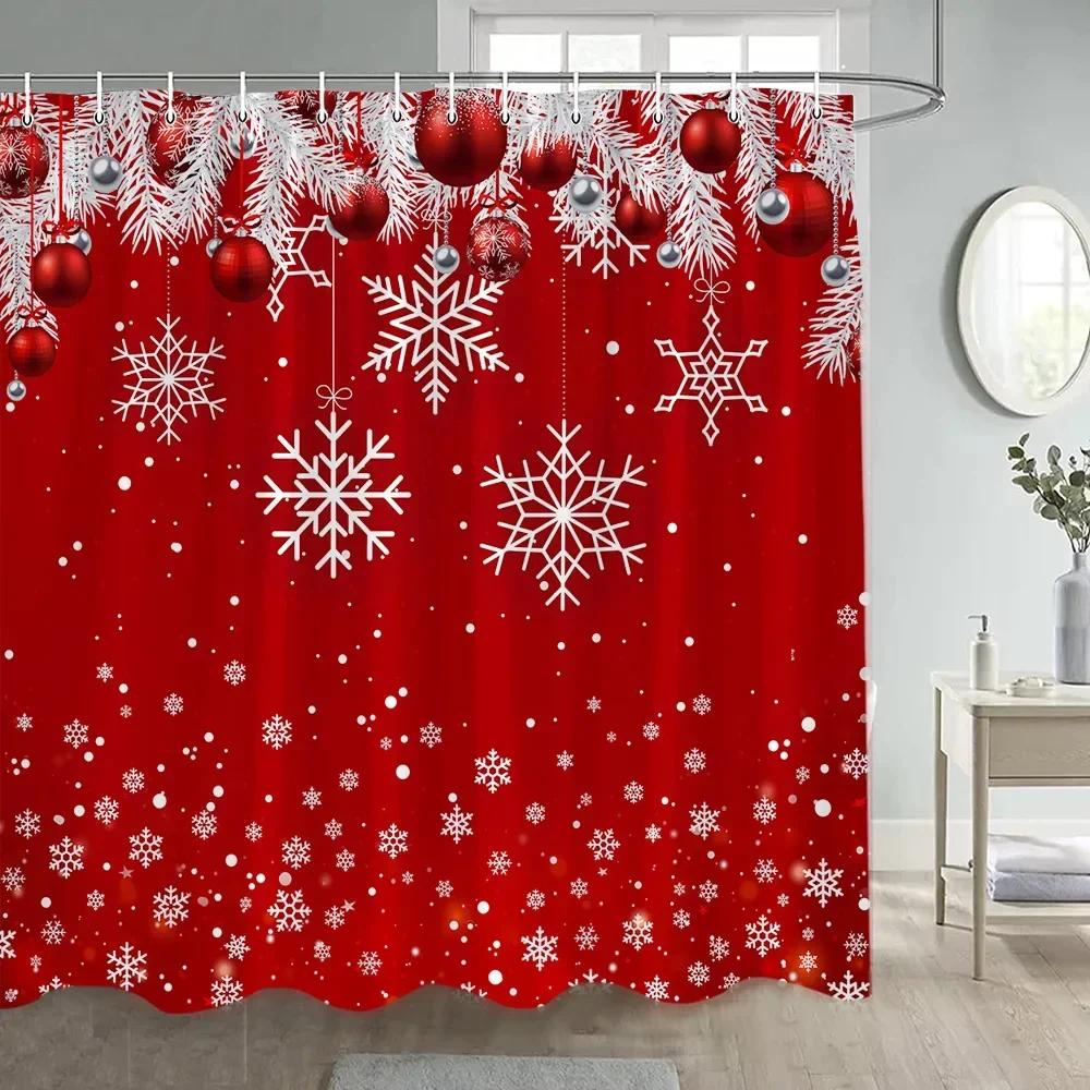 Christmas Shower Curtain Green Pine Branches Xmas Balls New Year Home Decor Polyester Fabric Bathroom Bath Curtains With Hooks