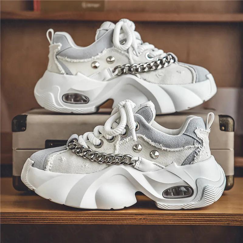 Fashion Men's Shoes  Autumn New Trendy Thick Soled Height Increasing Shoes Wear-resistant Metal Chain Tie Comfort Rivet Sneakers 2025