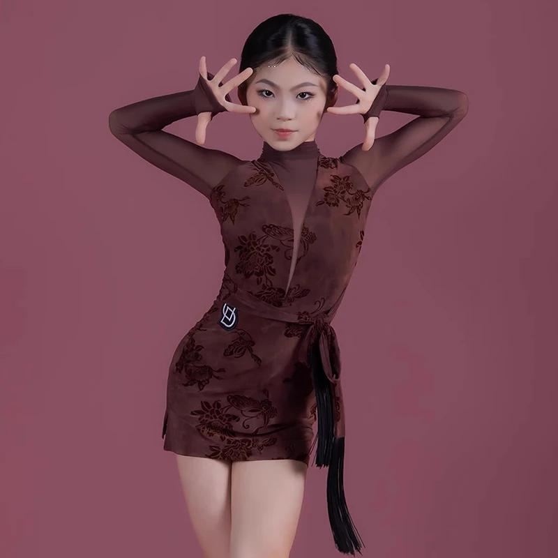 Latin Dance Dress Girls Children High Neck Tops Skirts Practice Training Clothes Rumba Tango Latin Performance Costumes