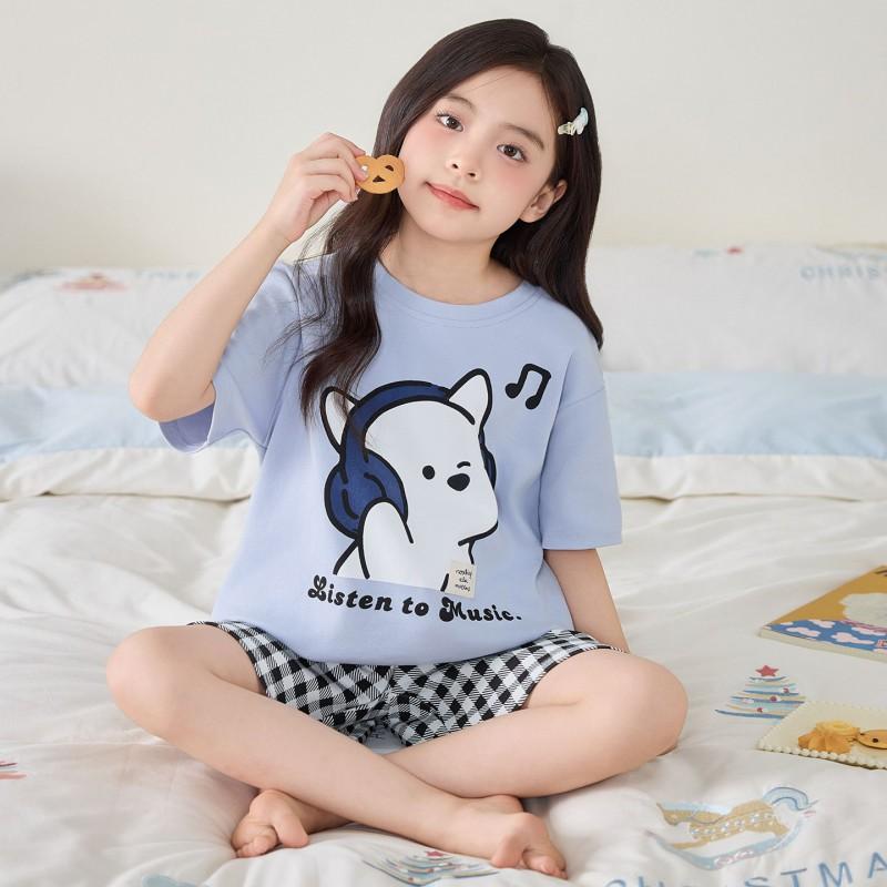 Girls Cotton Pajama Set Short Sleeve Cartoon Print Sleepwear Kids 8 Years