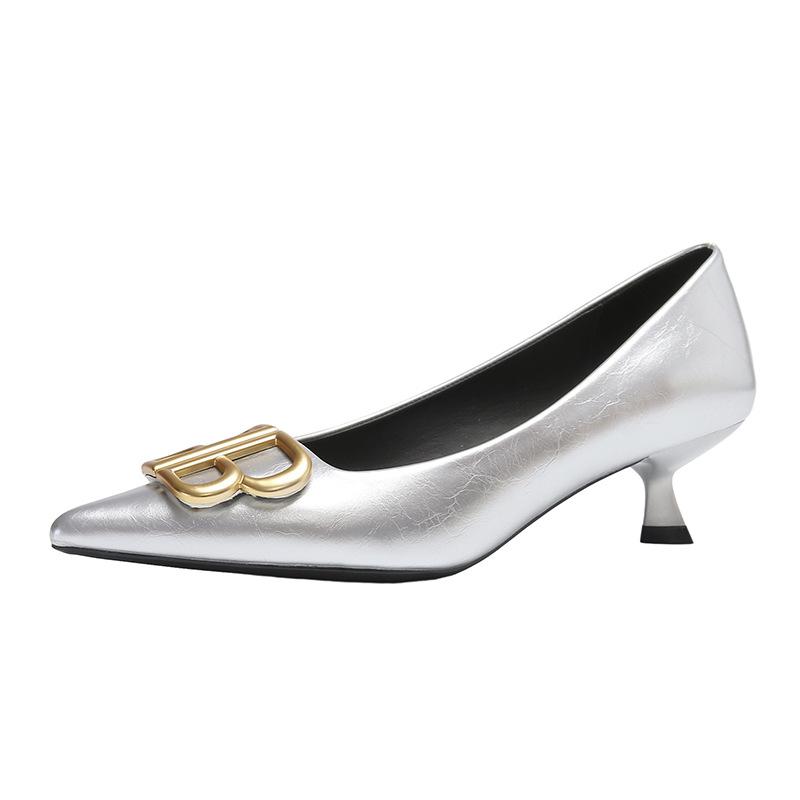 

Wind pointed double B buckle stiletto high heels spring and autumn new elegant versatile shallow mouth single shoes women s tide 40 срібний
