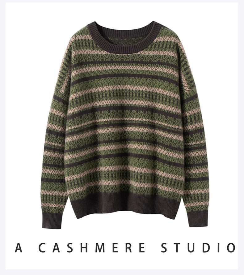 Women's Pure Cashmere Jacquard Stripe Sweater - Loose Fit, Round Neck, Autumn/Winter Style