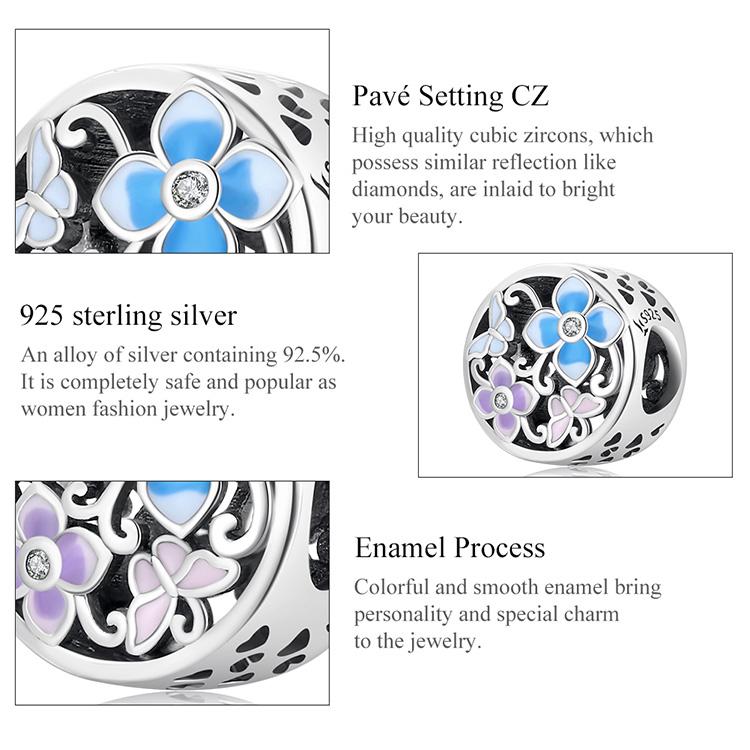 Bamoer Colorful Flowers & Butterflies Charm Authentic 925 Sterling Silver Pendant Fit Women DIY Making Bracelet Fine Jewelry Gift