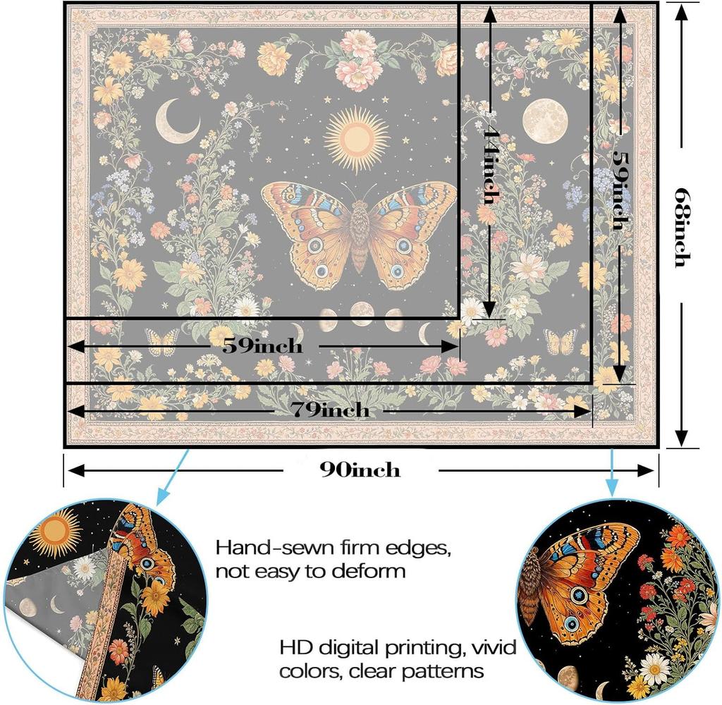 Mystical Moon Phase Butterfly Tapestry, Floral & Celestial Print with Wildflowers, Wall Decor for Nature & Witchy Rooms