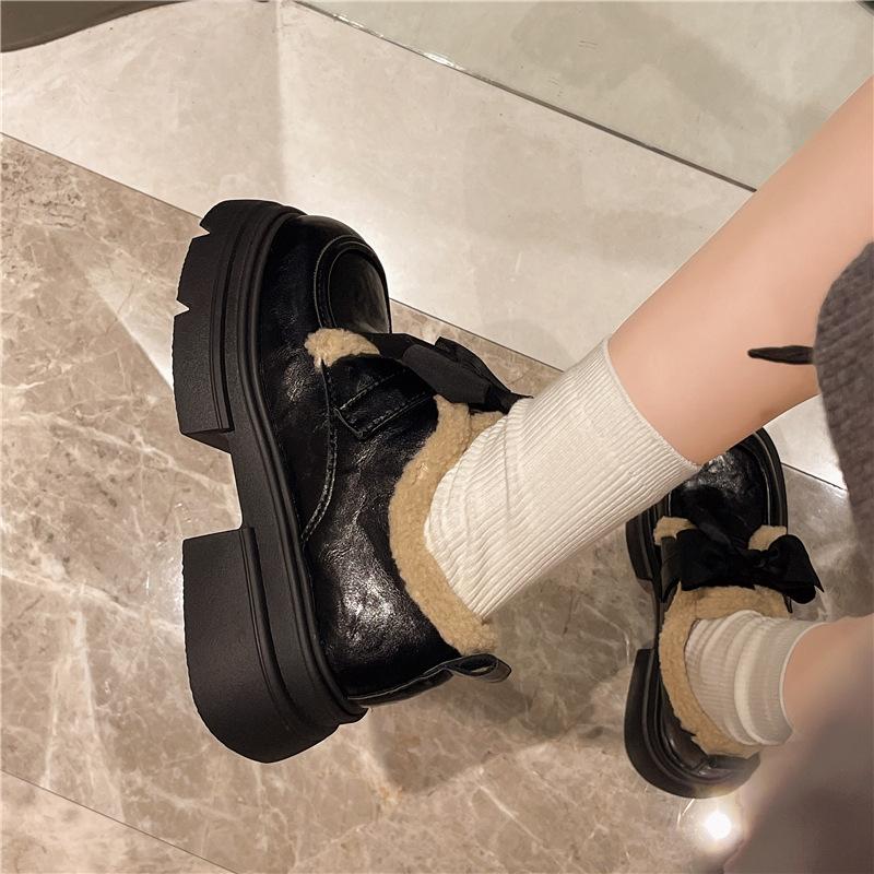 Bow cute velvet small leather shoes women's winter 2025 new British style versatile thick-soled Mary Jane cotton shoes